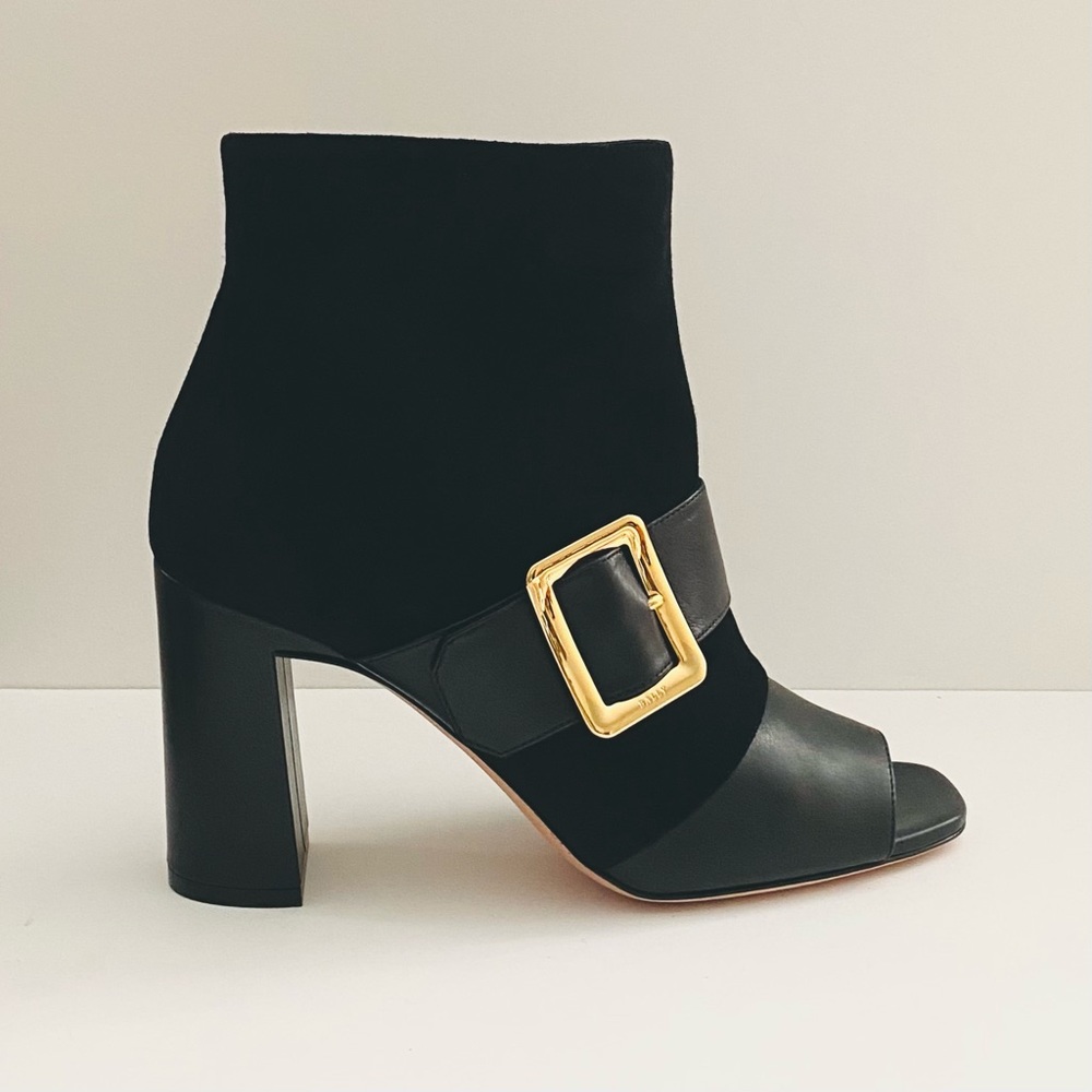 Black BALLY Jaydee Peep-Toe Suede Leather Booties with Buckles 3.5" Heels - Picture 3 of 9